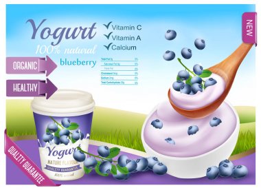 Meyve yoğurt ile reklam kavramı çilek. Yoğurt içine akan bir 