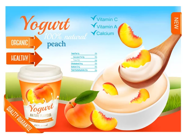 Fruit yogurt with peach advert concept. Yogurt flowing into cup — Stock Vector