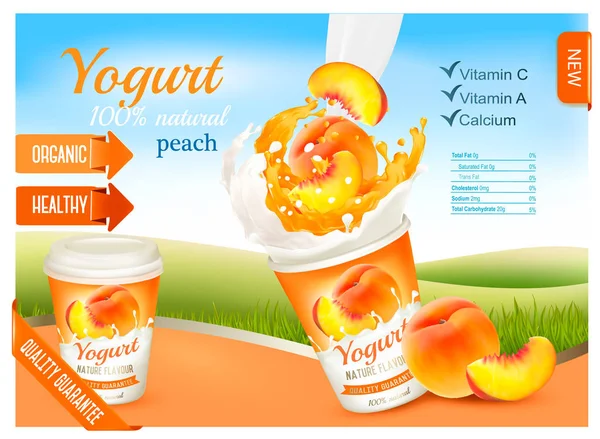 Yogurt alla frutta con concetto di annuncio di pesca. Yogurt che scorre in un pl — Vettoriale Stock