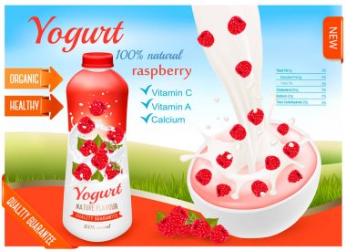 Meyve yoğurt şeftali reklam konsepti ile. Bir pl akan yoğurt
