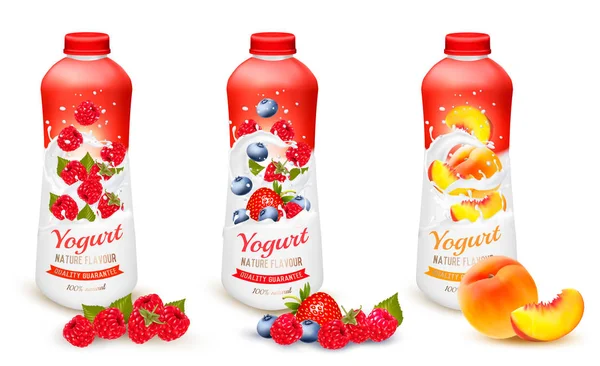 Fruit yoghurt met perzik advertentie concept. Yoghurt stroomt in een pl — Stockvector