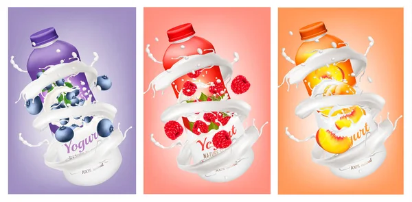 Set of yogurts with berries and fruit falling into milk and juic — Stock Vector