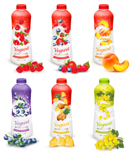 Set of yogurt in bottles with fruit and berries. Design template