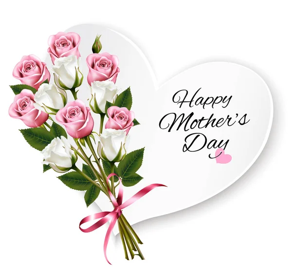 Bouquet di rose con una nota a forma di cuore Felice Festa della Mamma e — Vettoriale Stock
