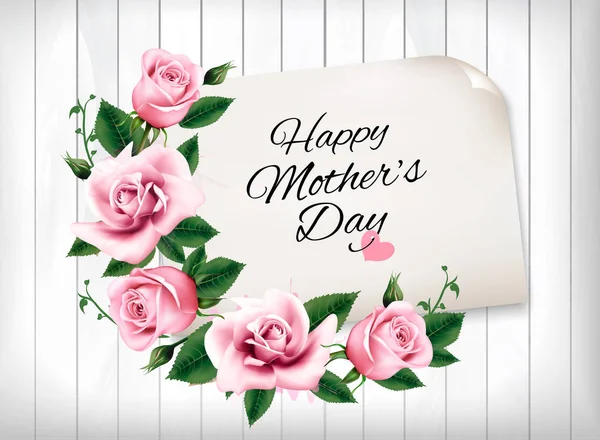Fondo del Día de la Madre con rosas rosadas y letrero de madera. Vecto. — Vector de stock