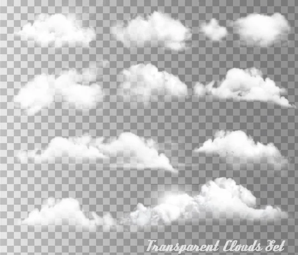 Big set of transparent different clouds and sun. Vector. — Stock Vector