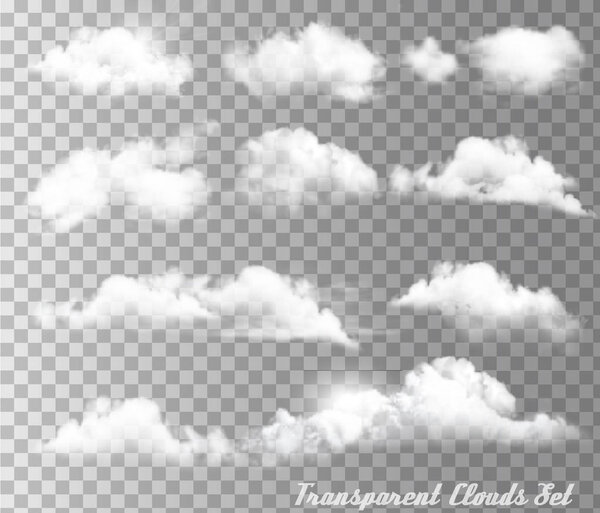Big set of transparent different clouds and sun. Vector. 