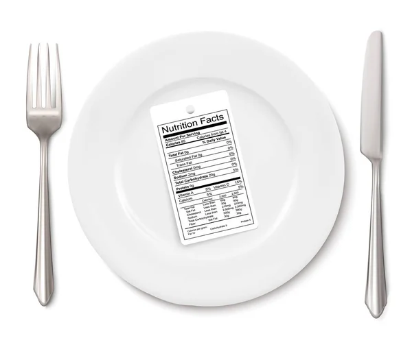 Έννοια της διατροφής. Διατροφή ετικέτα γεγονότα αντί για ένα γεύμα σε Plat — Διανυσματικό Αρχείο