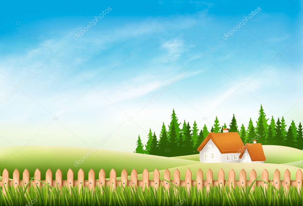 Summer nature landscape with village house, green grass and fenc