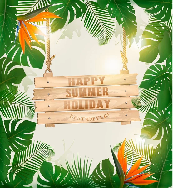 Summer Holiday Background Exotic Palm Leaves Wooden Sign Vector — Stock Vector