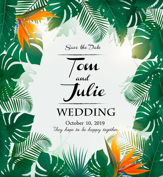 Invitation Mariage Desing Avec Des Feuilles Exotiques Des Fleurs Colorées — Image vectorielle