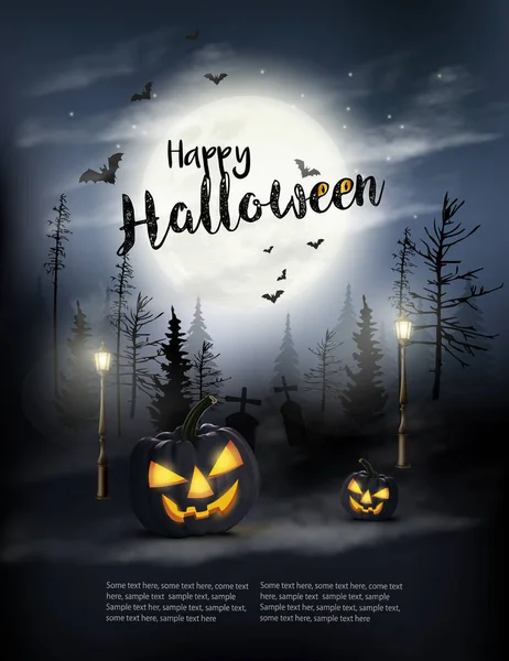Skrämmande Halloween bakgrund med pumpor och månen. Vektor. — Stock vektor