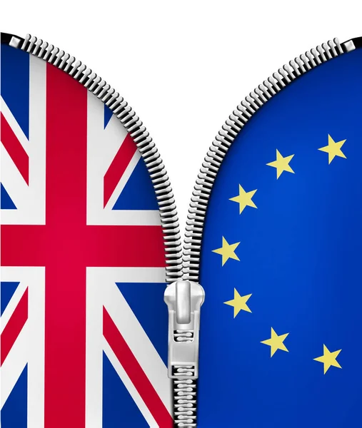 Brexit-konceptet. Blixtlås som delar Storbritannien och Europa. Vektor. — Stock vektor