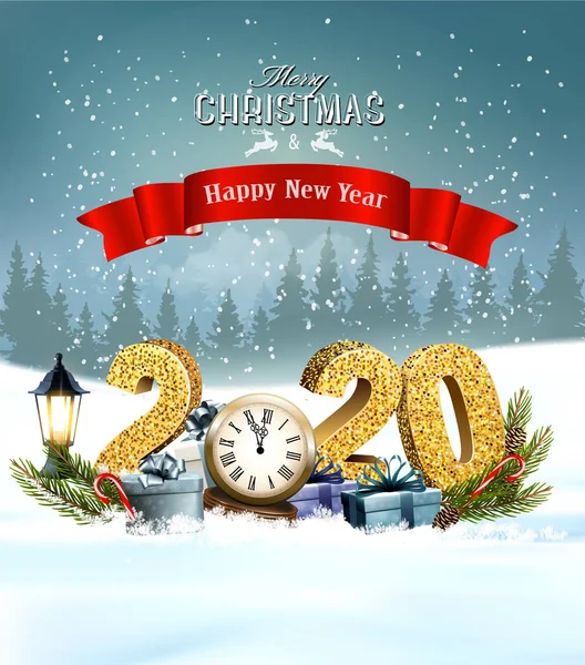 Fondo navideño con 2020 y regalos y reloj. V. — Vector de stock