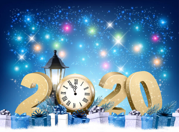 Happy 2020 New Year background with colorful presents and firewo