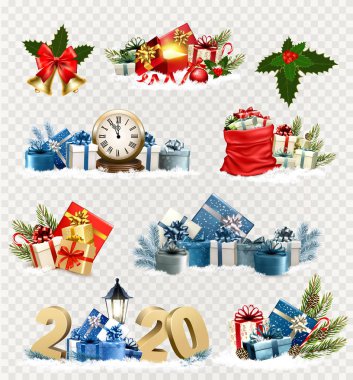 Büyük bir Noel ve Yeni Yıl seti. Tatil ikonları ve nesneleri. Sebze