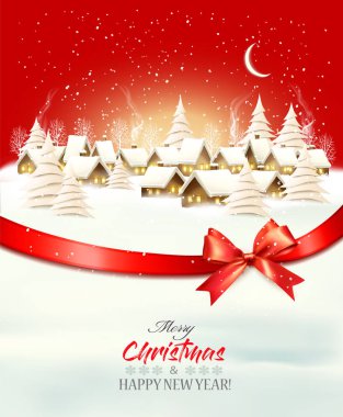 Bir köy manzarası, kırmızı bir hediye yayı ve kurdelesi olan bir Noel arkaplanı. Vektör.