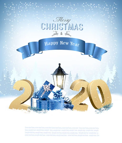 Veselé Vánoce Pozadí s 2020 a dárkové krabice a modré žebro — Stockový vektor