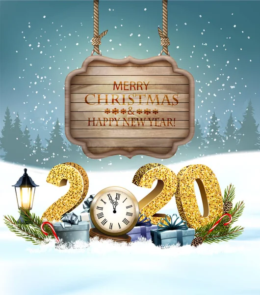 Christmas Holiday background with 2020 with presents and wooden — ストックベクタ