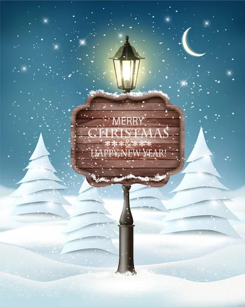 Святковий вечір зимовий пейзаж з лампочкою та різдвяною ялинкою — стоковий вектор