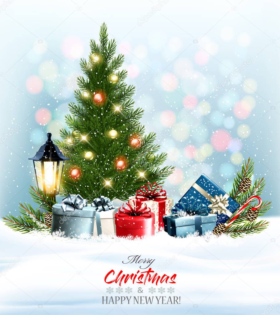 Holiday Christmas and New Year background with a colorful presen