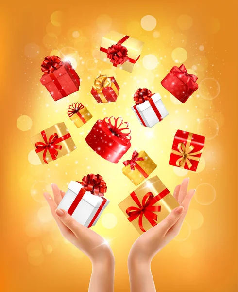 Fondo navideño con manos sosteniendo cajas de regalo. Conc. — Archivo Imágenes Vectoriales
