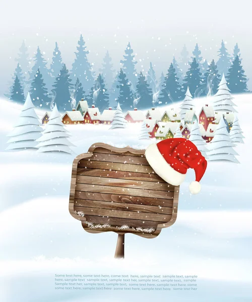 Рождественский фон с деревянным знаком и зимней деревней — стоковый вектор