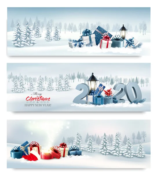 Bandeiras de Natal de férias com landscare de inverno e gif colorido — Vetor de Stock