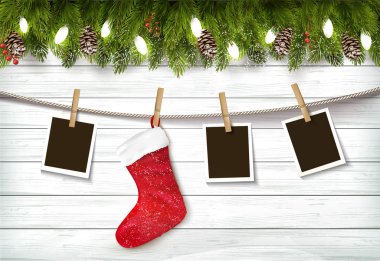 Ağaç dalı ve fotoğraflı Noel arkaplanı.