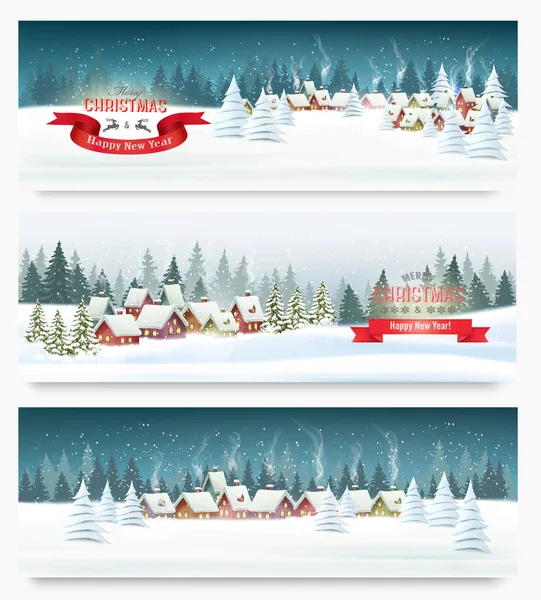 Trois Bannières Noël Paysage Vacances Vecteur — Image vectorielle