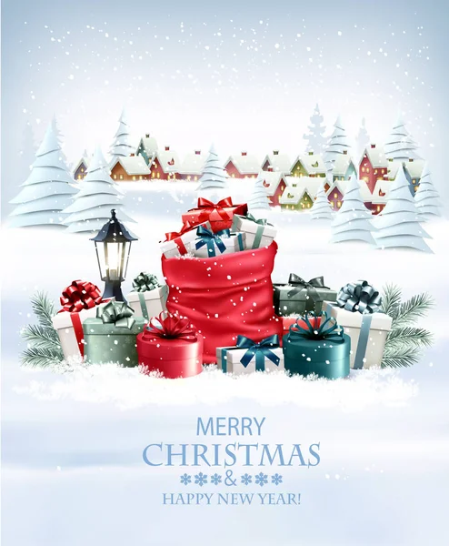 Natale sfondo vacanza con un sacco rosso regali completi e un — Vettoriale Stock