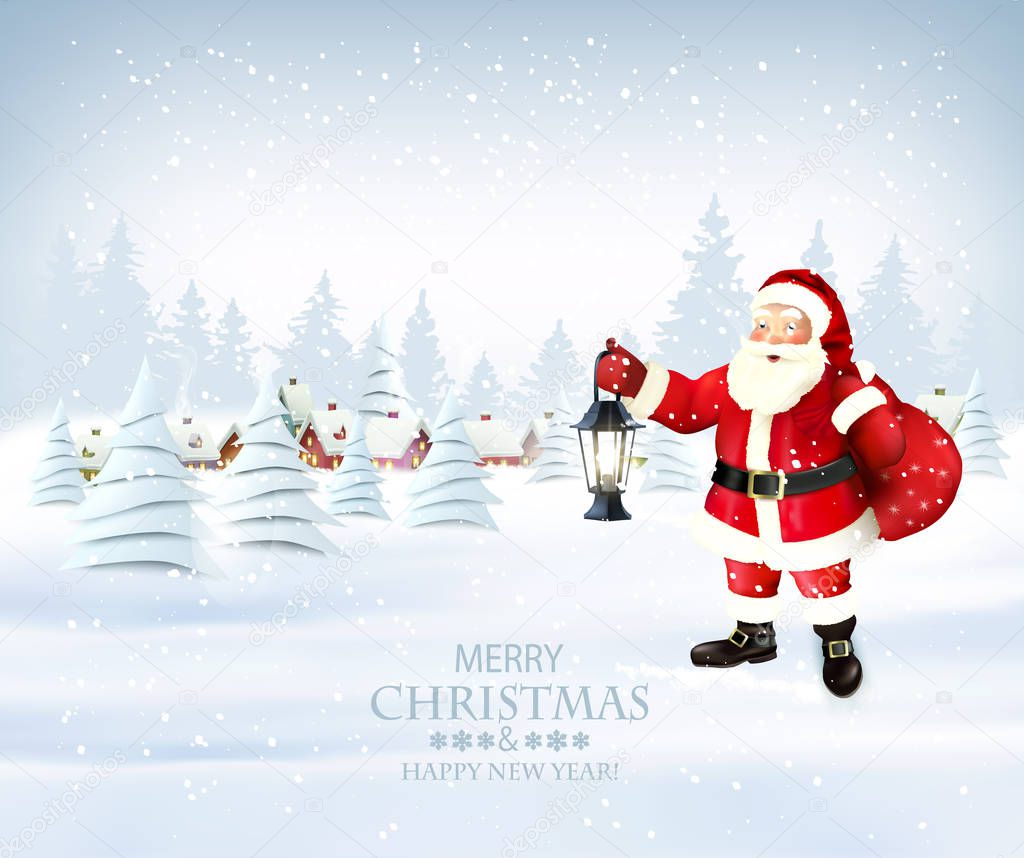 Christmas holiday background with Santa Claus and a winter villa