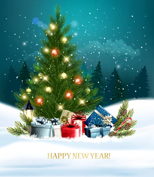 New Year holiday background with a colorful gift boxes on a tree — 스톡 벡터