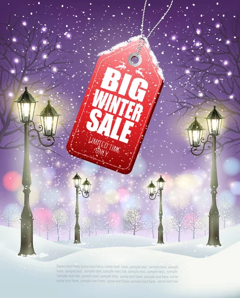 Winter Sale Tag met 's avonds winterlandschap en lantaarnpaal. Vect — Stockvector