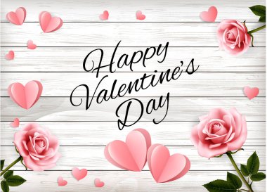 Valentine's Day Holiday Background with a Pink roses and Paper H