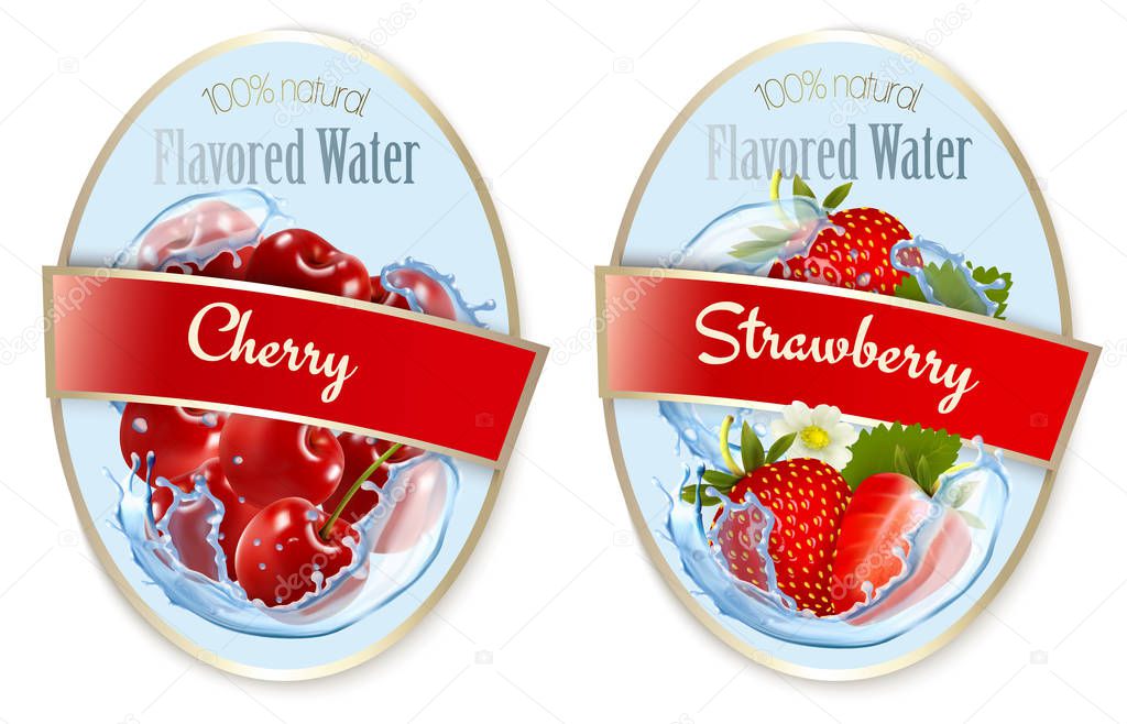 Set of labels with fruit and berries flavored water. Cherry, str