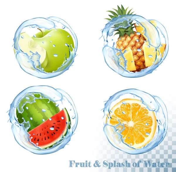 La recogida de las frutas y las bayas en el chorrito de agua. Manzana, piña — Vector de stock