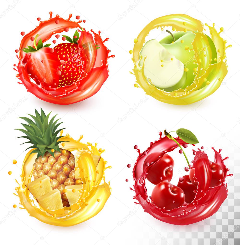 Set of fruit juice splash. Strawberry, pineapple, apple, cherry.