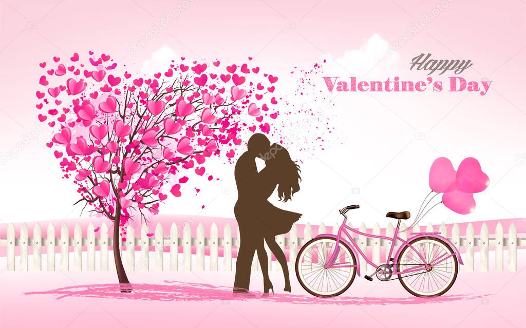Valentine's Day background with a heart shaped tree and a couple