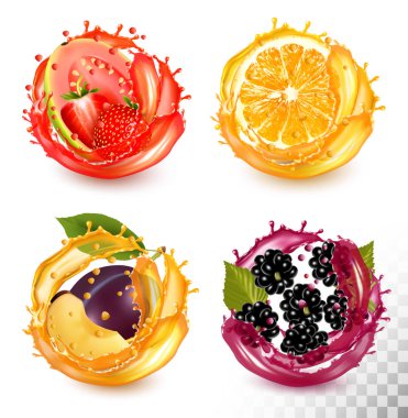 Set of fruit juice splash. Strawberry, guava, orange, plum, blac