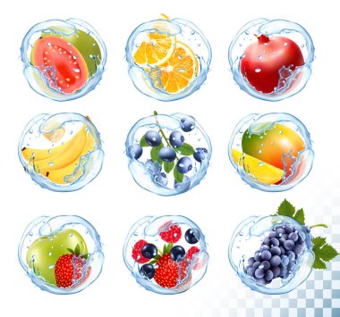 Big collection icons of fruit in a water splash. Guava, banana, 