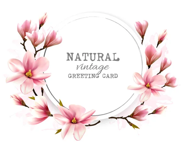 Tarjeta de felicitación natural con magnolia rosa. Vector . — Vector de stock