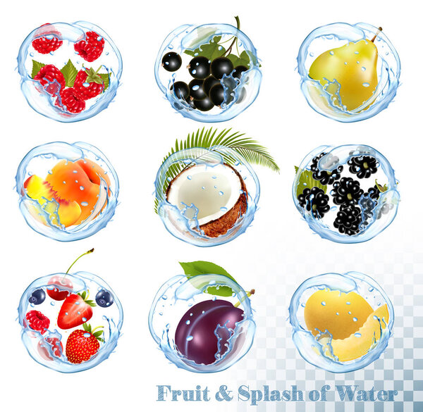 Big collection of fruit in a water splash. Raspberry, black curr