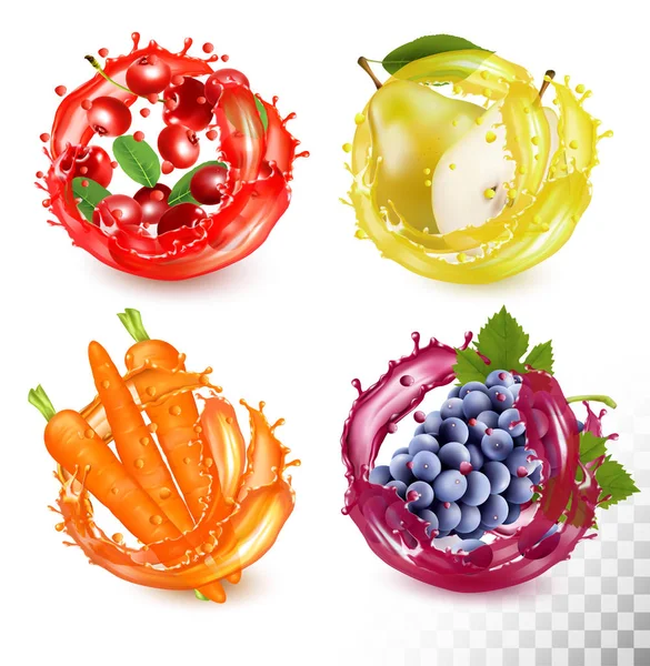 Set di spruzzi di succo di frutta. Ciliegia, corbezzolo, pera, uva, carr — Vettoriale Stock