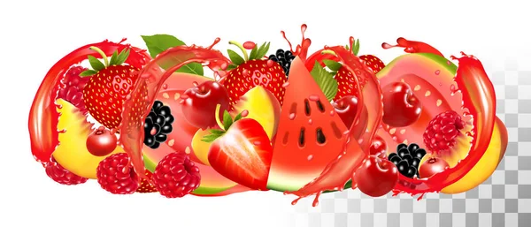 Früchte in Saftspritzern. Erdbeere, Himbeere, Krähenbeere — Stockvektor