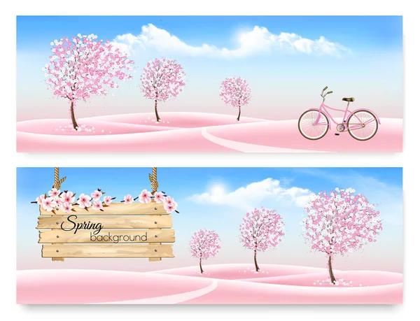 Spring nature banners with a pink sakura and landscape. Vector