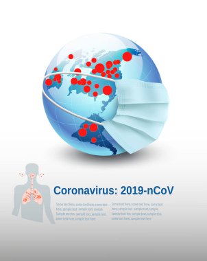 Coronavirus Geçmişi, COVID-19, koruyucu tıbbi maske takan dünya küresi. Vektör illüstrasyonu