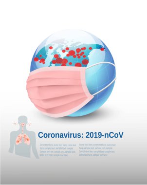Coronavirus Geçmişi, COVID-19, koruyucu tıbbi maske takan dünya küresi. Vektör illüstrasyonu