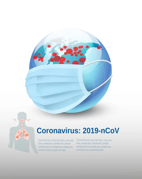 Coronavirus Bakgrund Covid Jordklotet Bär Skyddande Medicinsk Kirurgisk Ansiktsmask Vektorillustration — Stock vektor