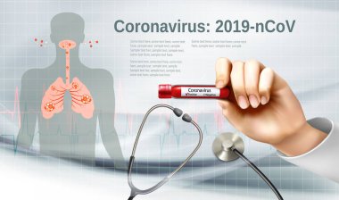 Coranavirus background with doctor holding tube with pasitiv test and stethoscope. Vector clipart